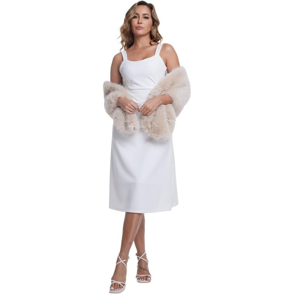 Women's Beige Faux Fur Winter Warm Wedding Neck Warmer Shawl Collar Scarf Stole - Picture 7 of 8